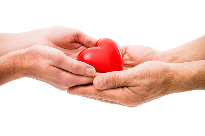 an image of four hands cupped with a plastic red heart in the middle